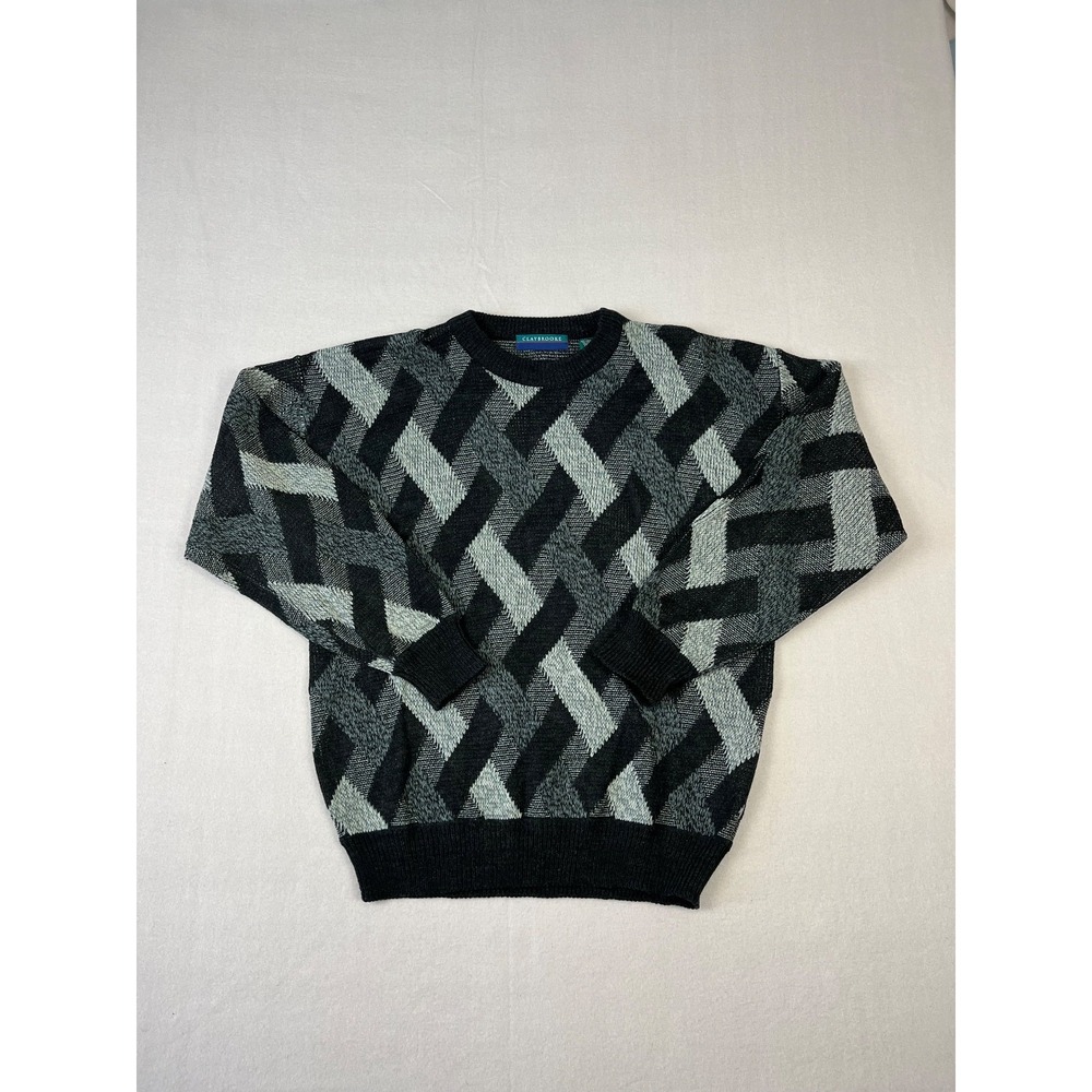 Vtg Claybrooke Sweater Mens L Black Gray  Geometric Pattern Acrylic Wool Blend